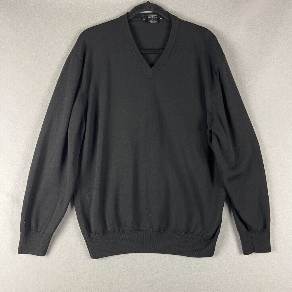 Giorgiolini‎ Merino Wool Sweater Mens XL Black V Neck Knit Classic Made In Italy